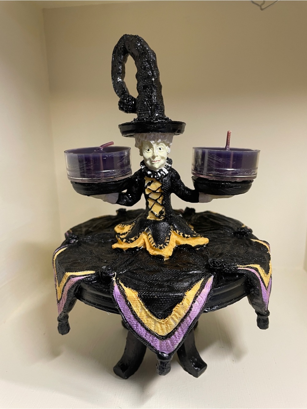 Halloween Witch Tea Light Holder in Black, Purple, and Gold
